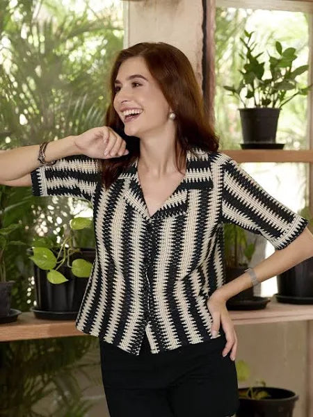 Women's Cuban Collar Vertical Striped Boxy Casual Shirt